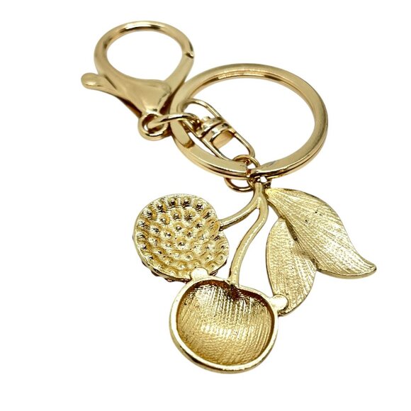 3/$30 CHERRY KEYCHAIN GOLD TONE ENAMEL LEAF RED RHINESTONE BAG CHARM FRUIT NWT - Picture 8 of 9